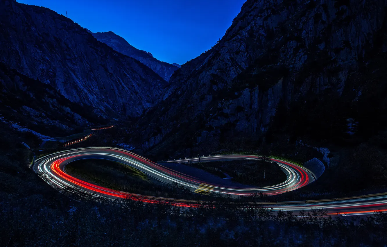 Photo wallpaper road, light, mountains, night, excerpt