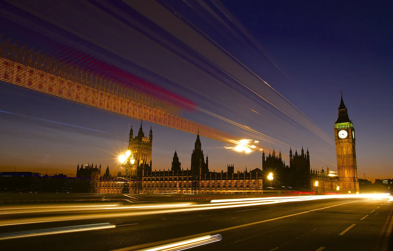 Photo wallpaper road, light, night, the city, lights, England, London, the evening