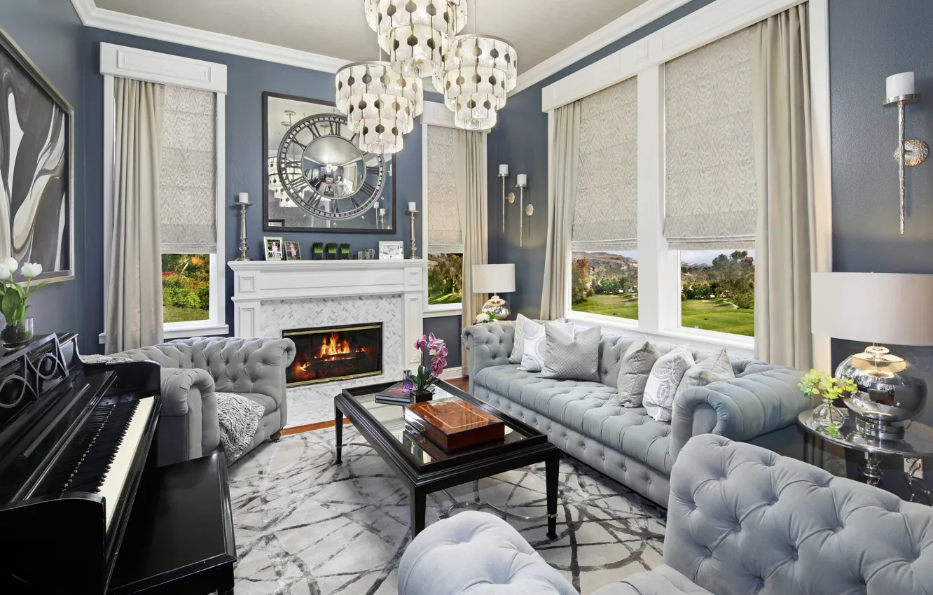 Photo wallpaper sofa, window, fireplace, piano, mansion, luxury, Design, living room