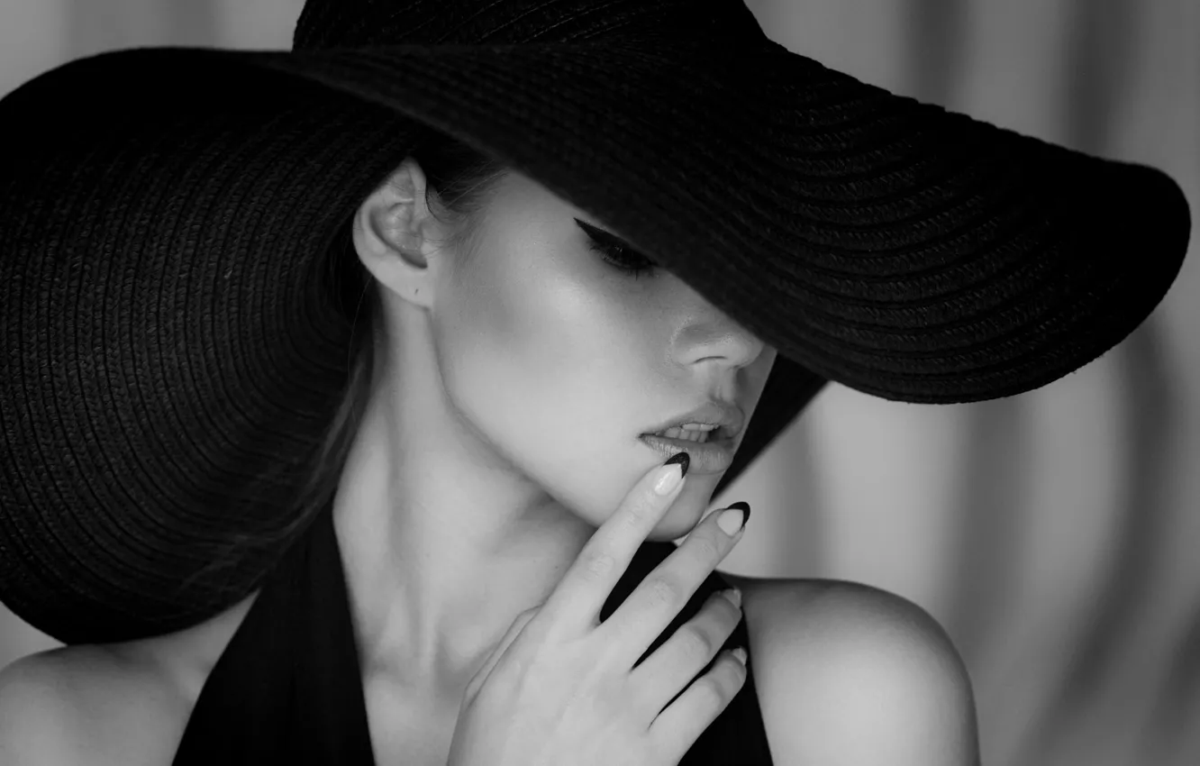 Photo wallpaper black & white, fashion, dress, hat, style, photo, photographer, monochrome
