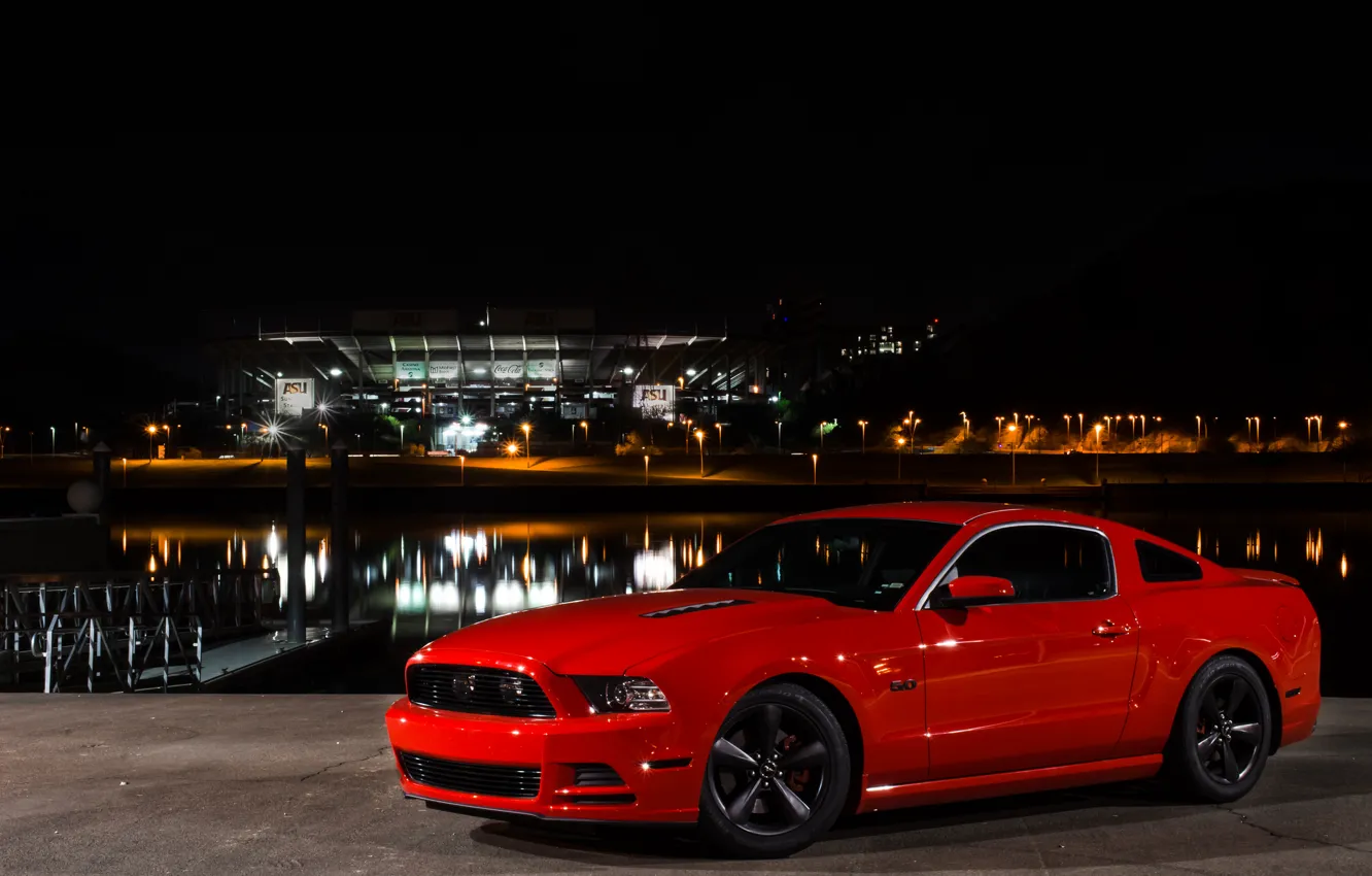 Photo wallpaper Mustang, Ford, Light, Red, Front, Night