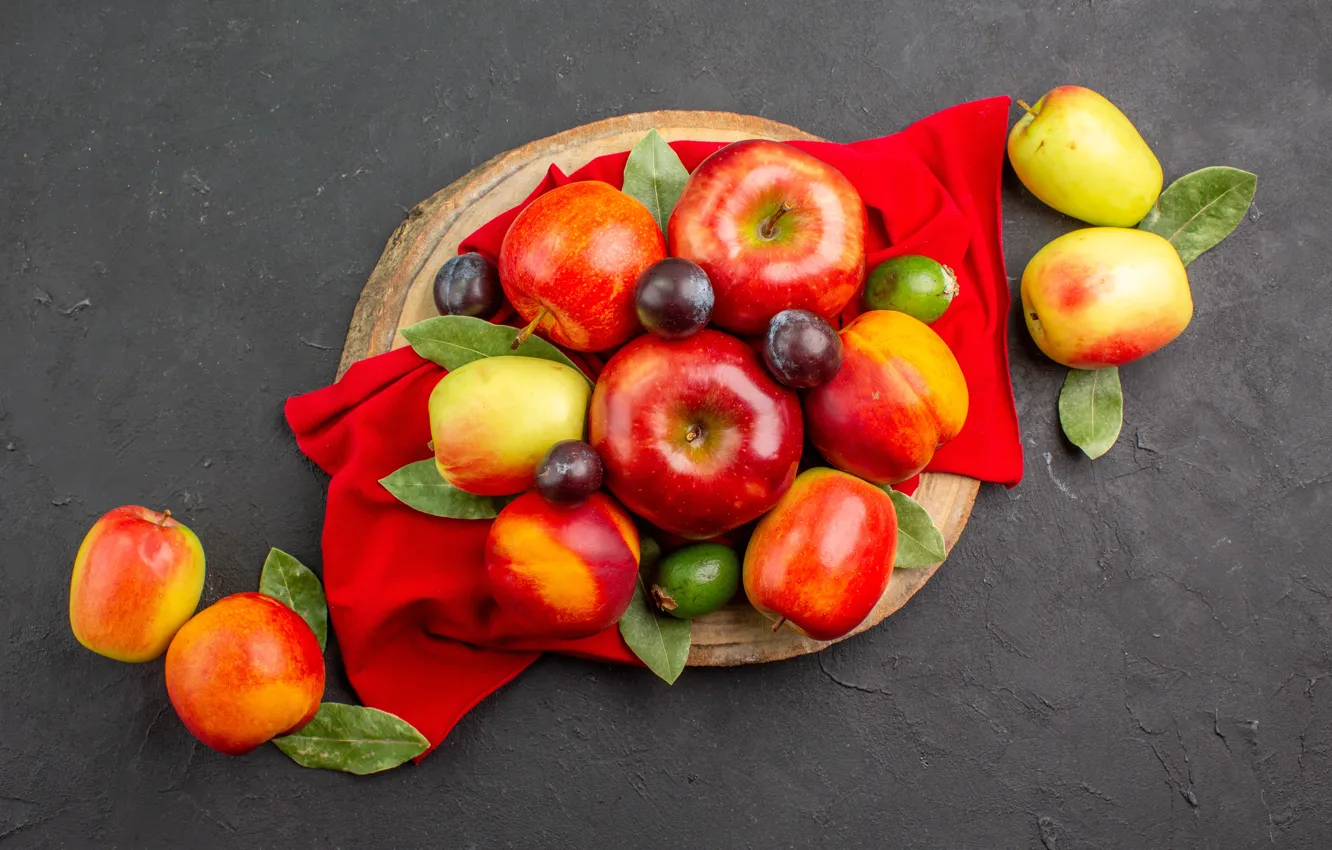 Photo wallpaper leaves, yellow, red, table, apples, towel, fabric, fruit