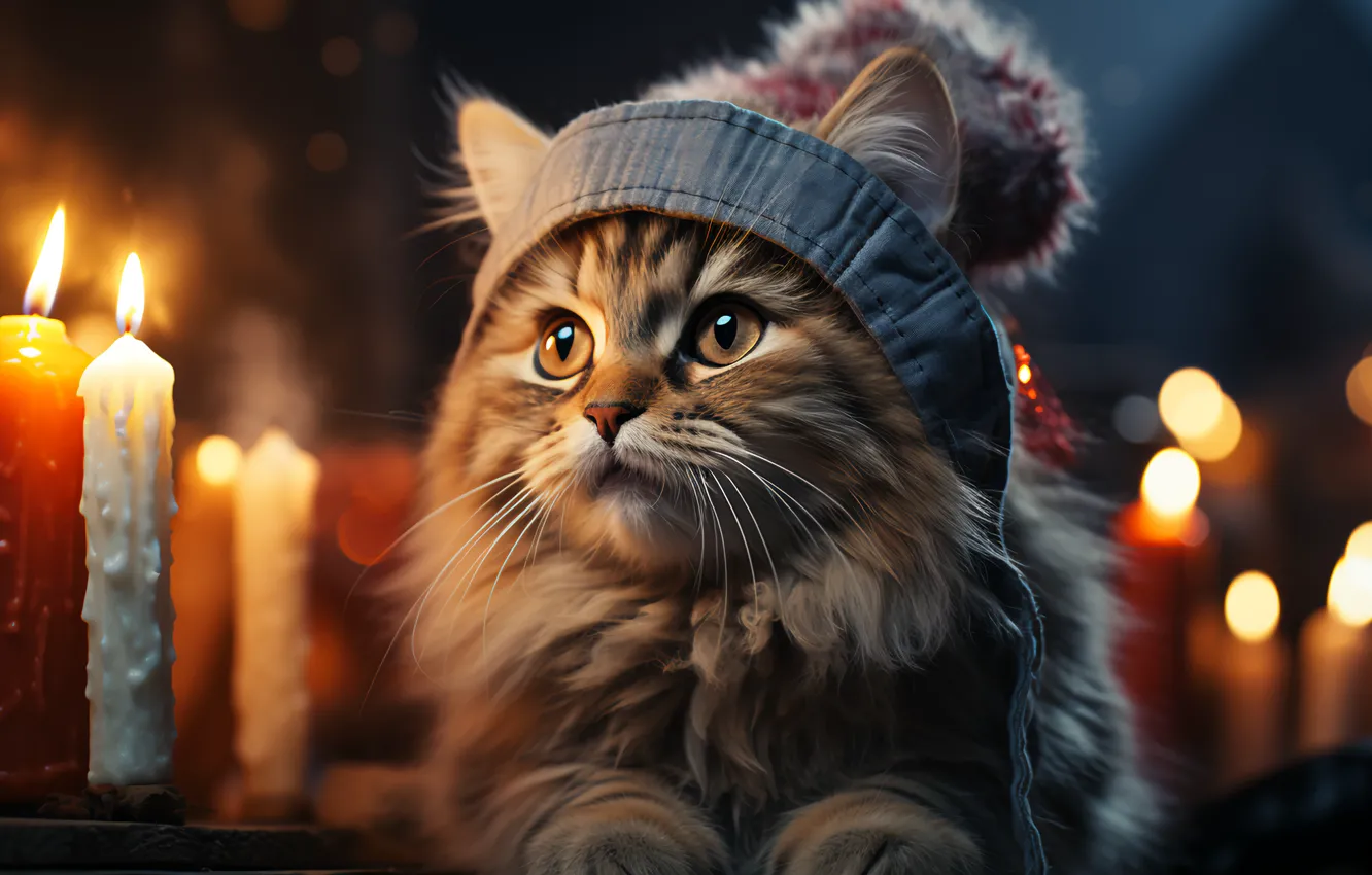 Photo wallpaper cat, look, kitty, Christmas, New year, face, AI art, neural network