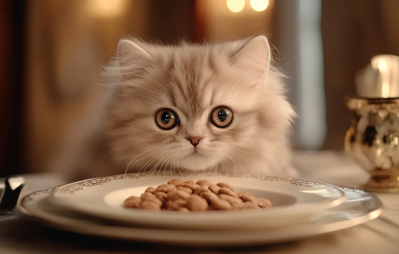 Photo wallpaper cat, look, light, lights, pose, grey, portrait, plate