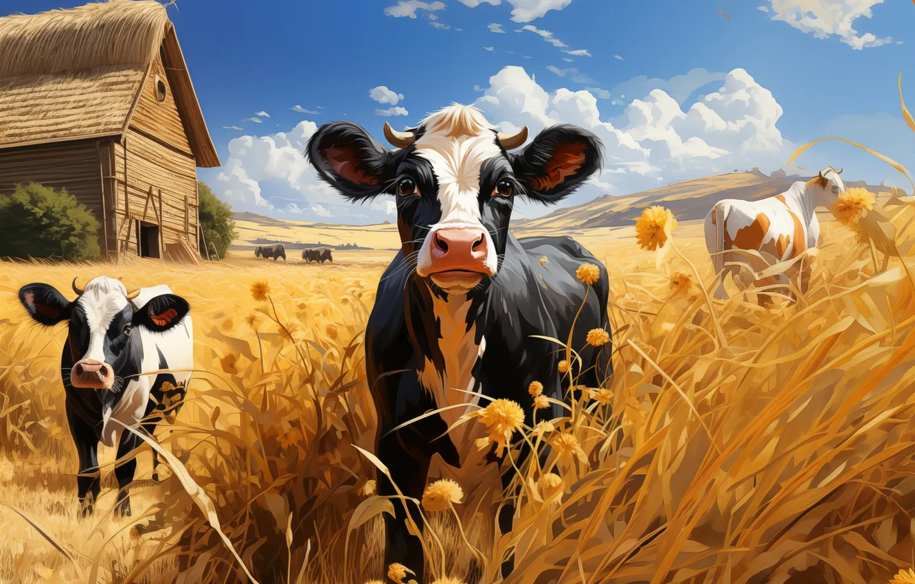 Photo wallpaper grass, flowers, home, cows, digital art, calf, AI art, The Art of Artificial Intelligence