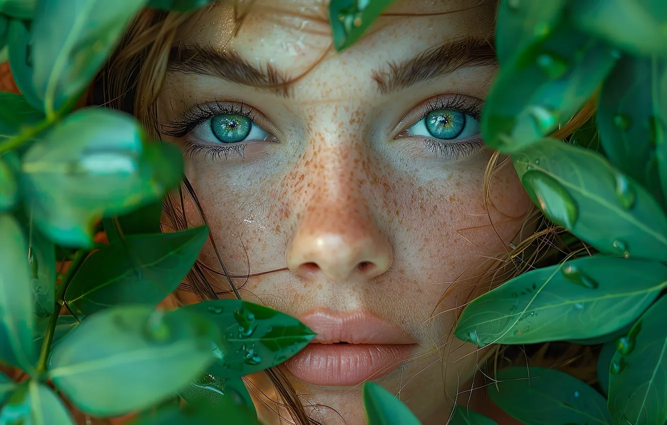 Photo wallpaper eyes, water, drops, face, ate, freckles