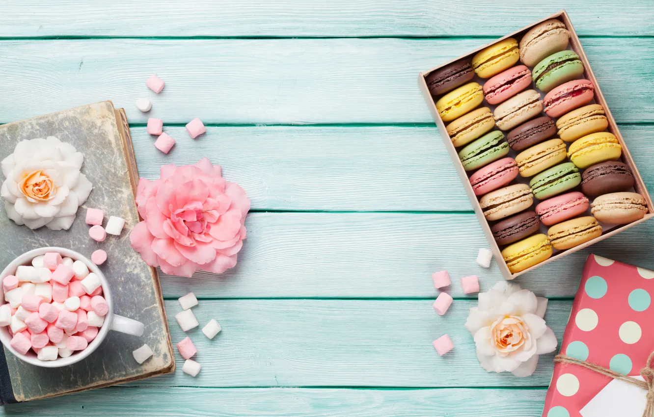 Photo wallpaper flowers, gift, colorful, wood, pink, flowers, macarons, gift box