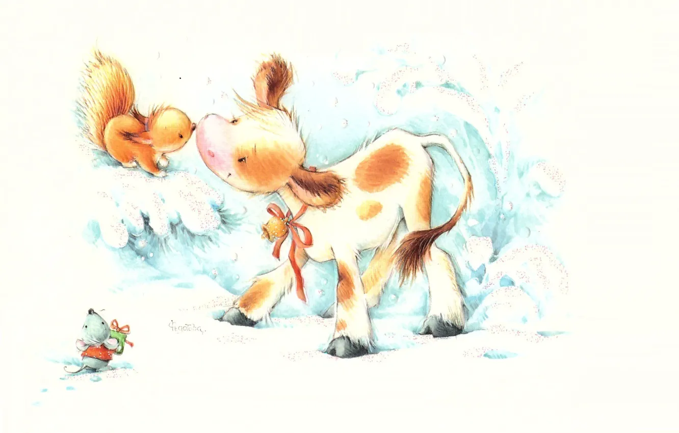 Photo wallpaper winter, forest, holiday, gift, new year, mouse, art, squirrel
