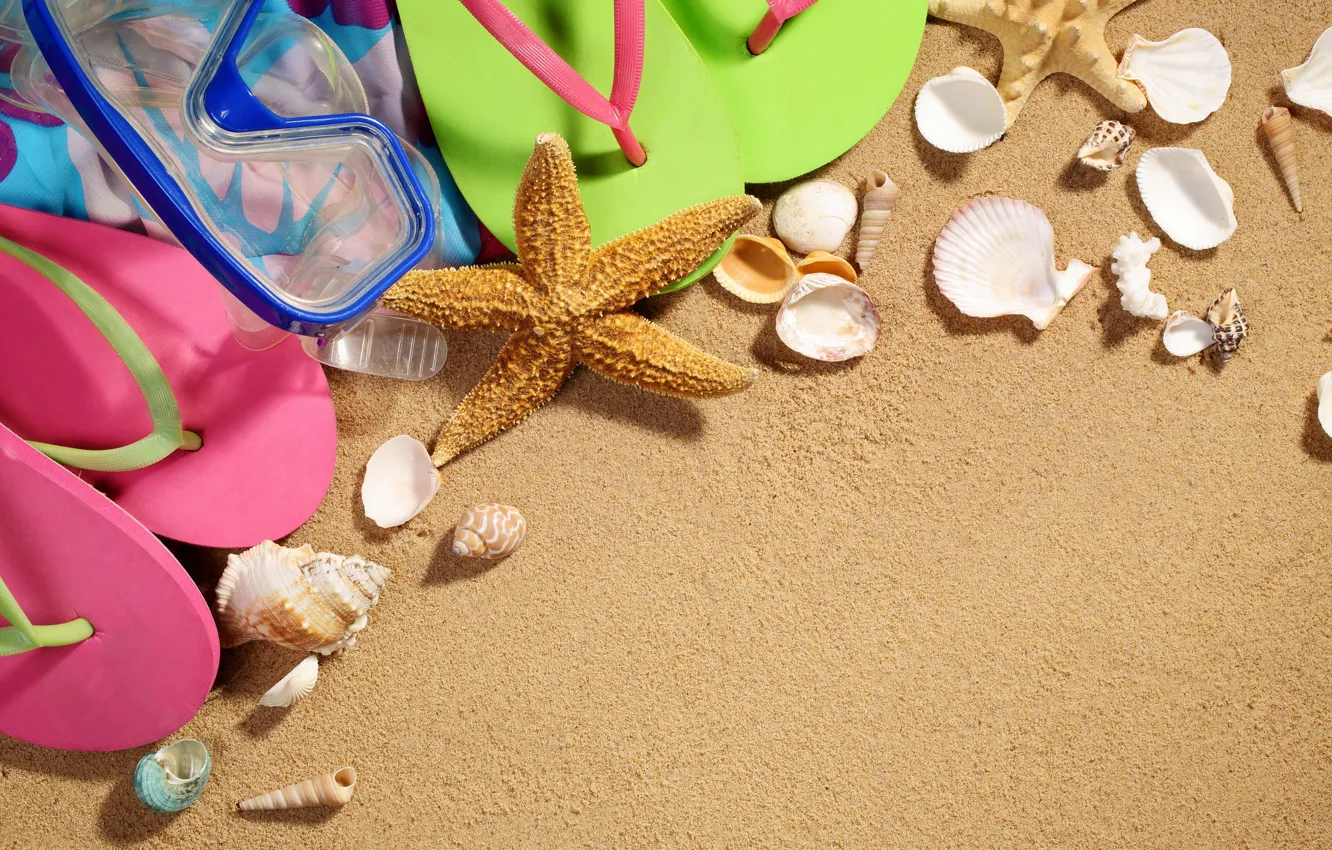 Photo wallpaper sand, sea, mask, shell, slates, starfish