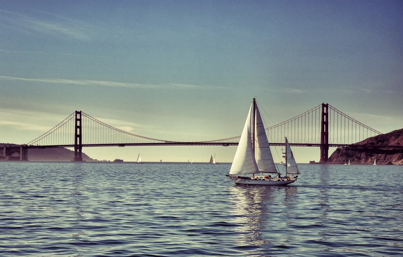 Photo wallpaper sea, bridge, yacht
