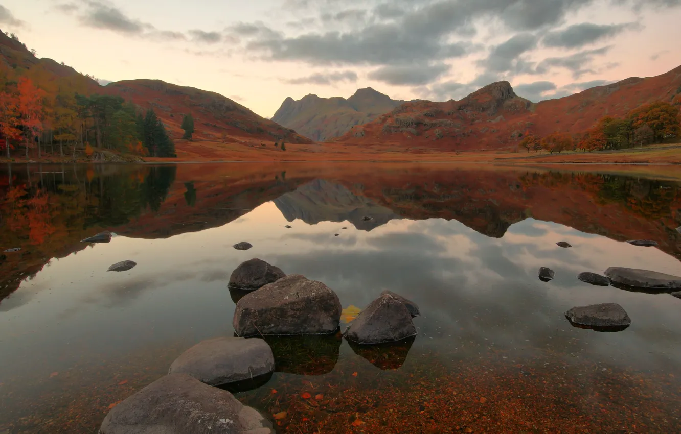 Photo wallpaper mountains, lake, reflection, stones, shore, pond