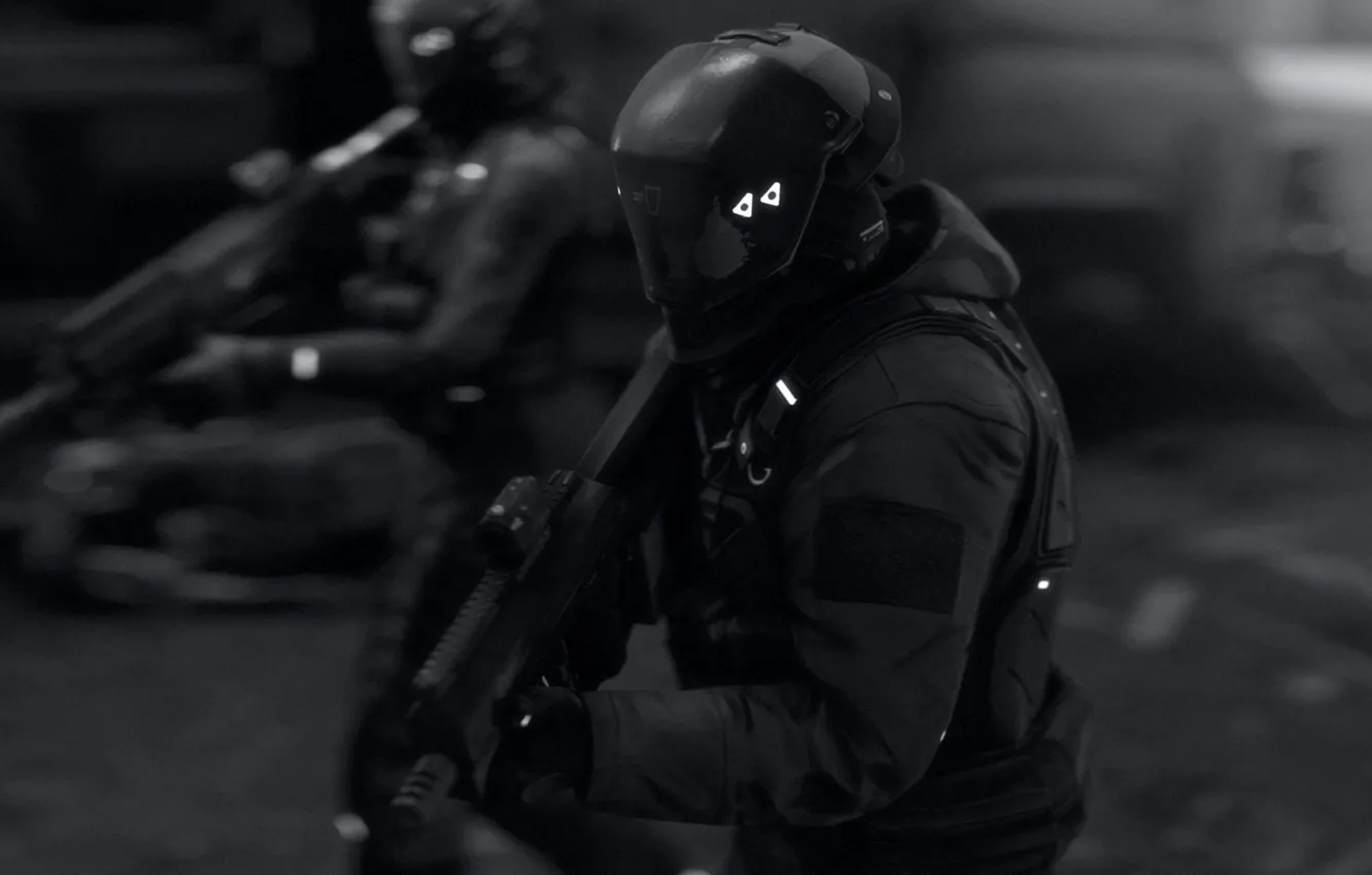 Photo wallpaper costume, machine, soldiers, helmet, the vest, mercenaries, squad
