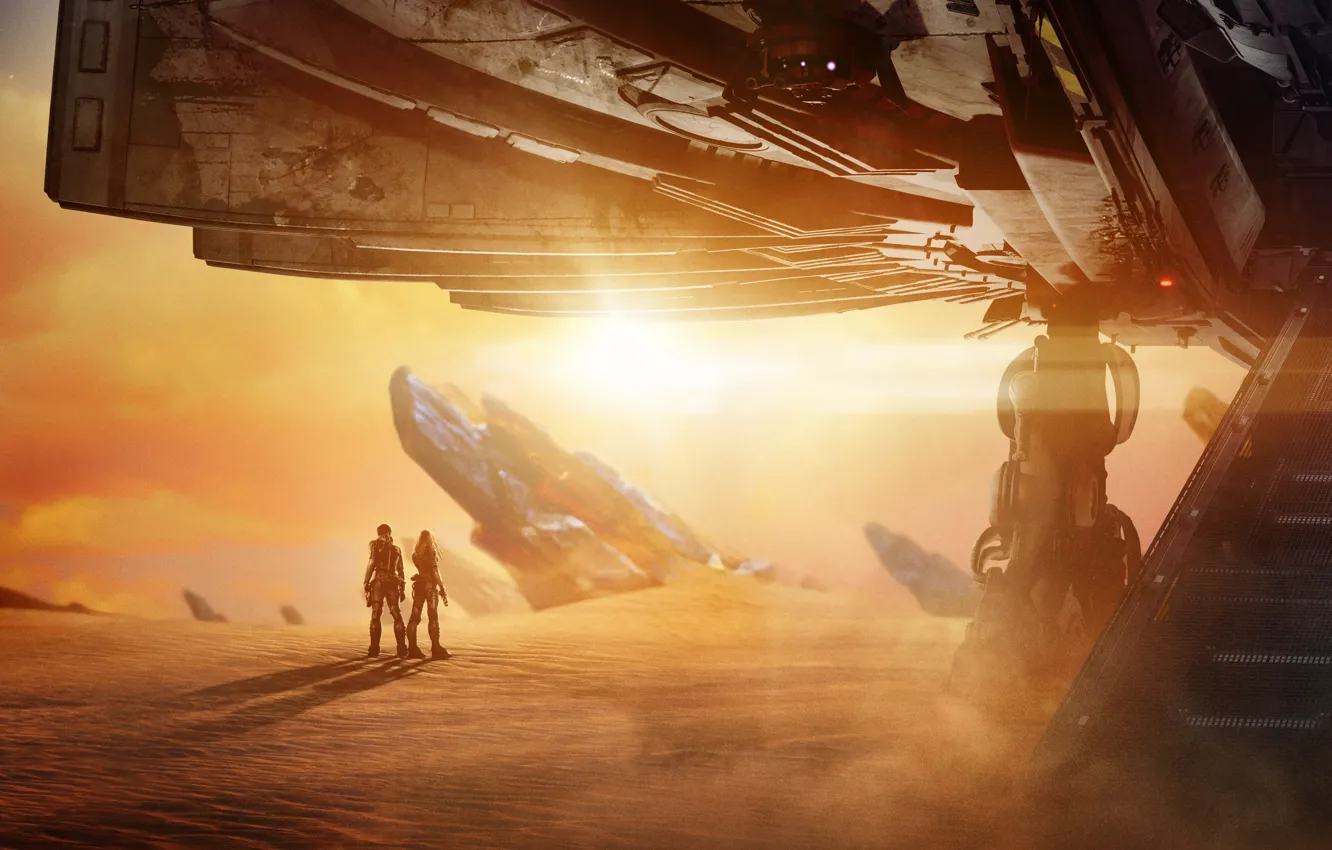 Photo wallpaper sand, the sun, stones, fiction, planet, the suit, astronaut, Cara Delevingne