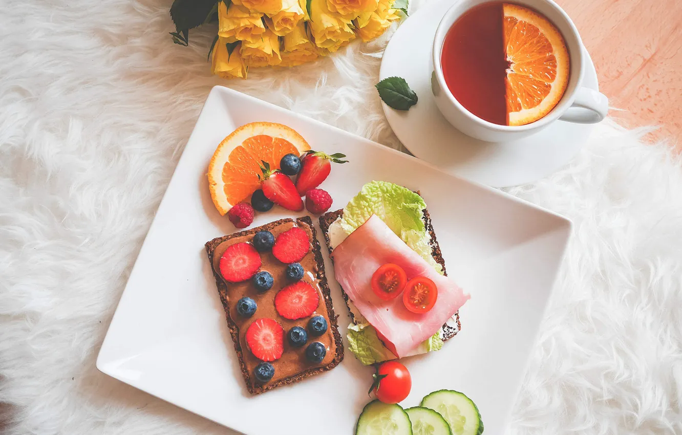 Photo wallpaper berries, orange, Breakfast, sweet, breakfast, tea, sandwiches, strawberries