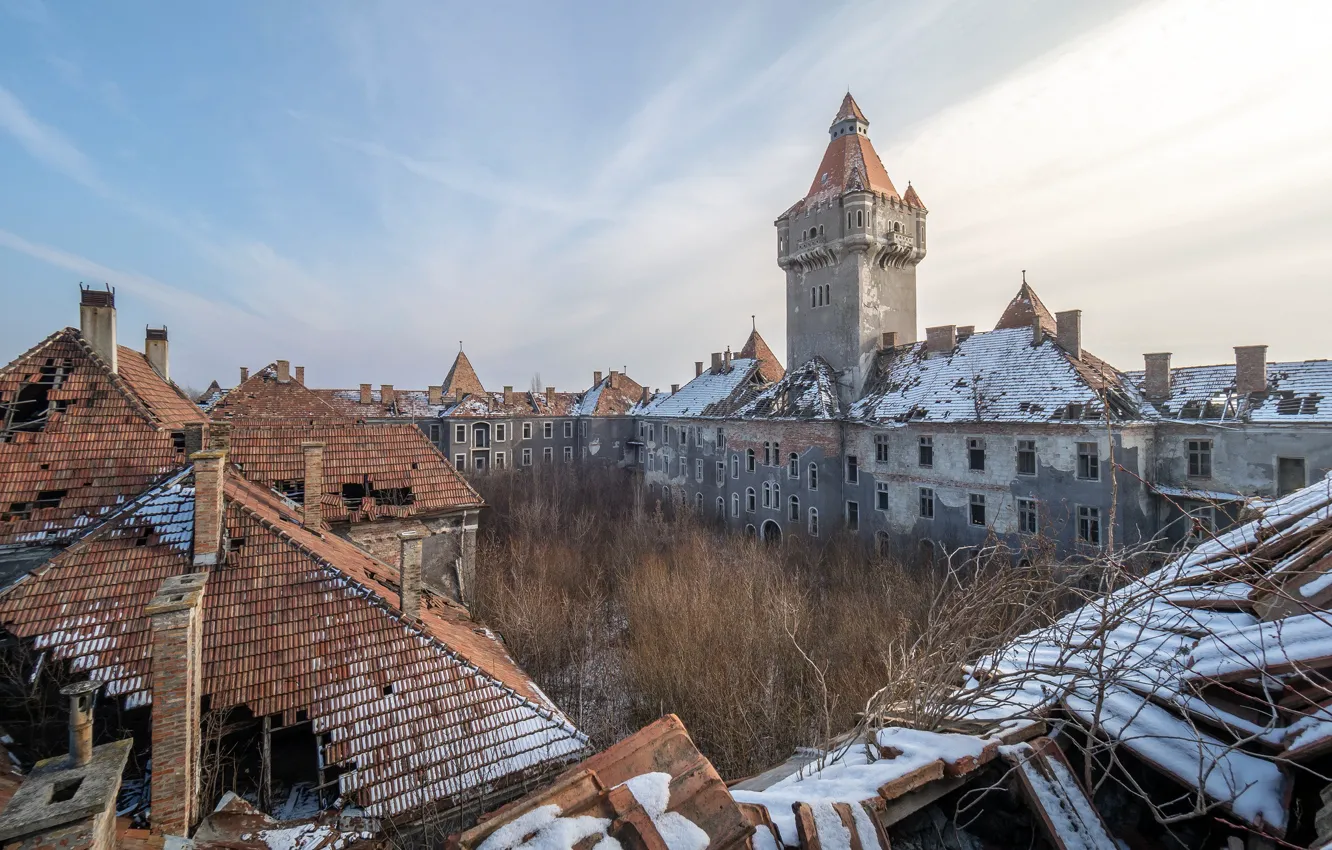 Photo wallpaper winter, the sky, snow, trees, castle, the ruins, abandoned, abandoned castle