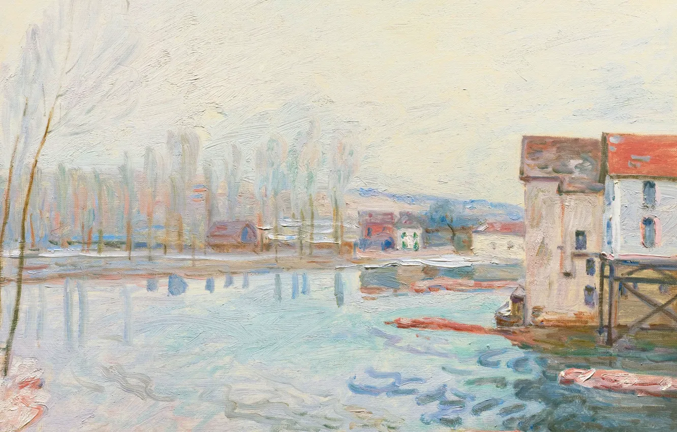 Photo wallpaper landscape, house, river, Alfred Sisley, Alfred Sisley, Winter in Moret-sur-Luena