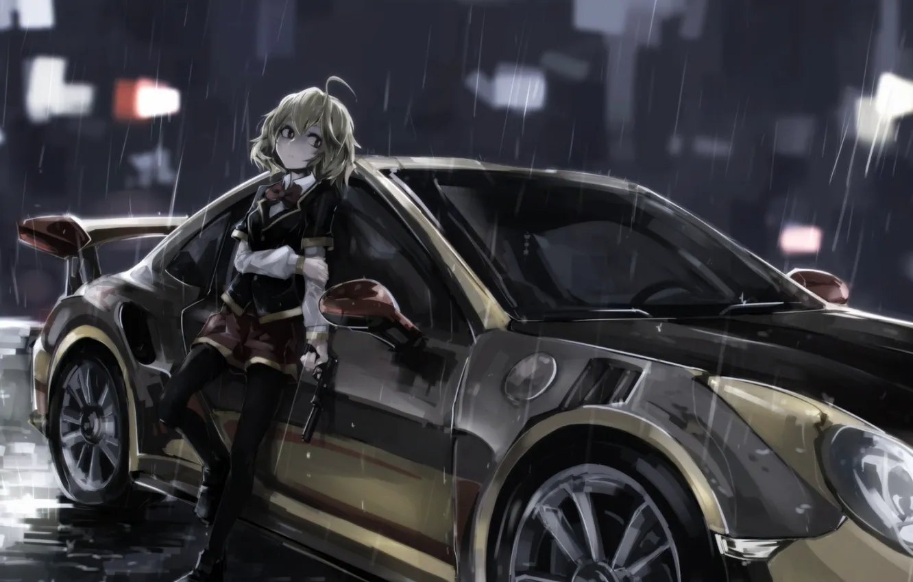 Photo wallpaper Porsche, Girl, City, Car, Art, Anime, Night, Rain