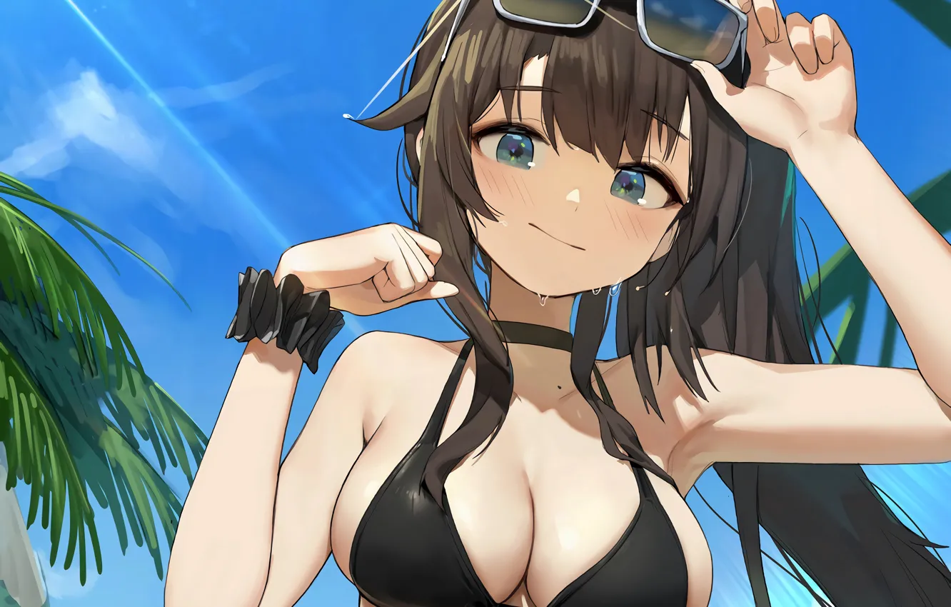 Photo wallpaper girl, sexy, wet, cleavage, long hair, brown hair, boobs, anime