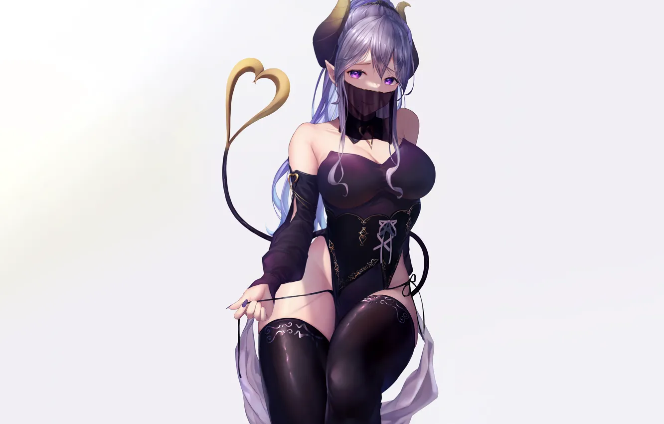 Photo wallpaper girl, sexy, lingerie, cleavage, panties, thighhighs, horns, long hair