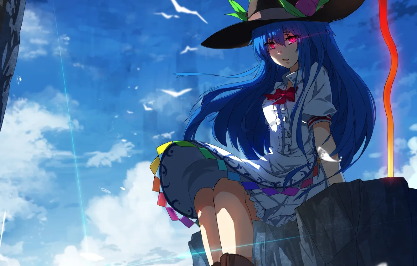 Photo wallpaper the sky, girl, clouds, nature, weapons, rocks, bird, hat