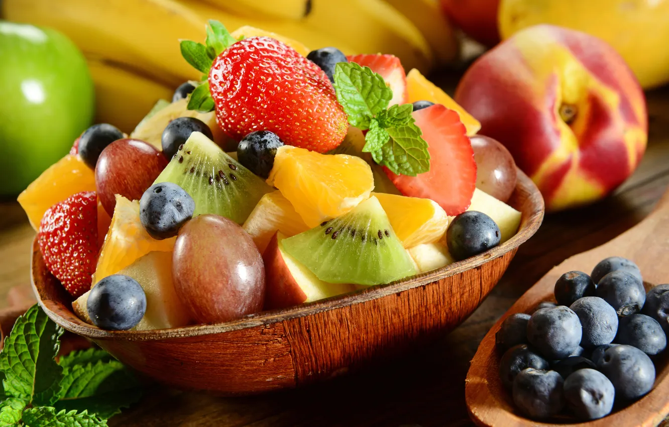 Photo wallpaper berries, kiwi, blueberries, strawberry, grapes, dessert, grape, strawberry