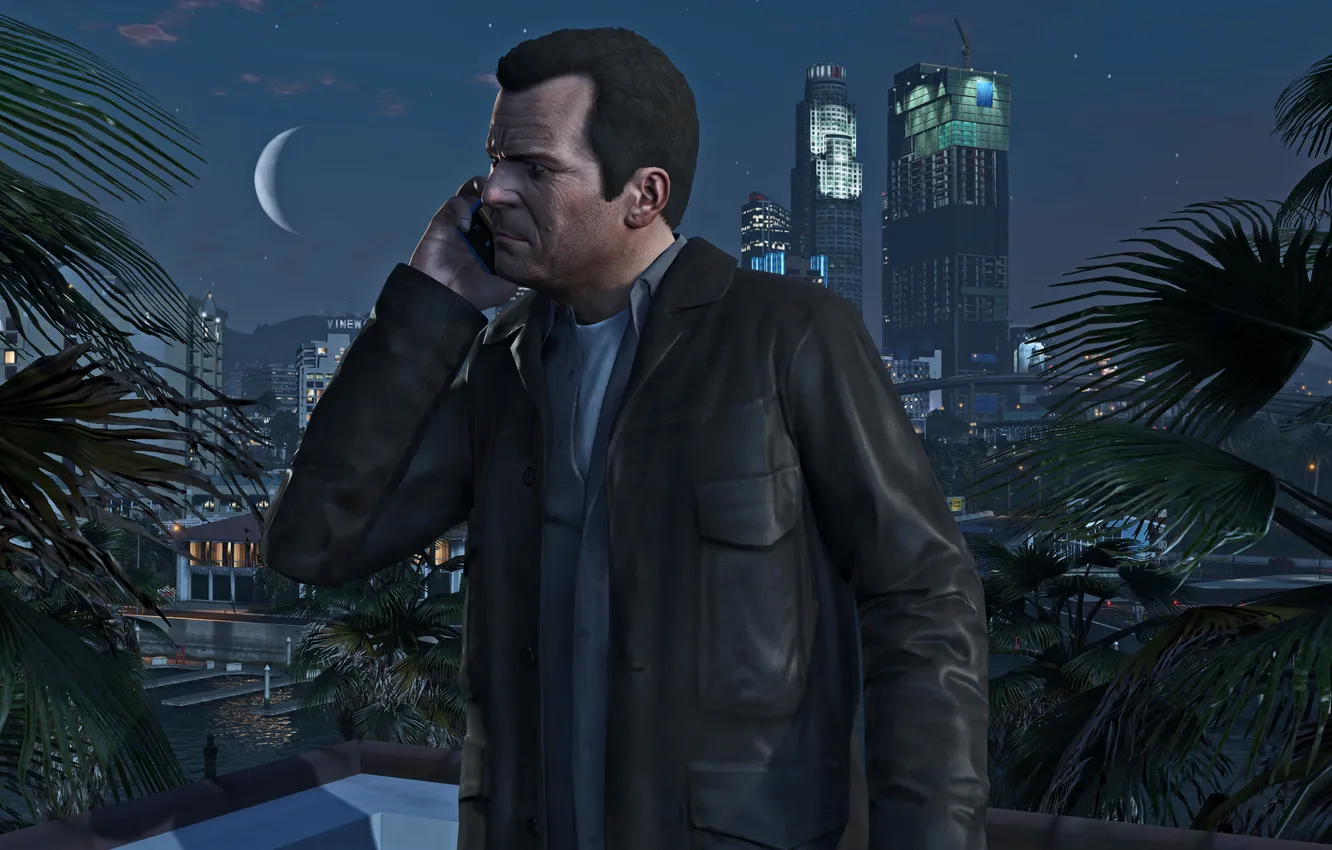 Photo wallpaper city, game, phone, Grand Theft Auto V, GTA V, Nigth, Michael De Santa