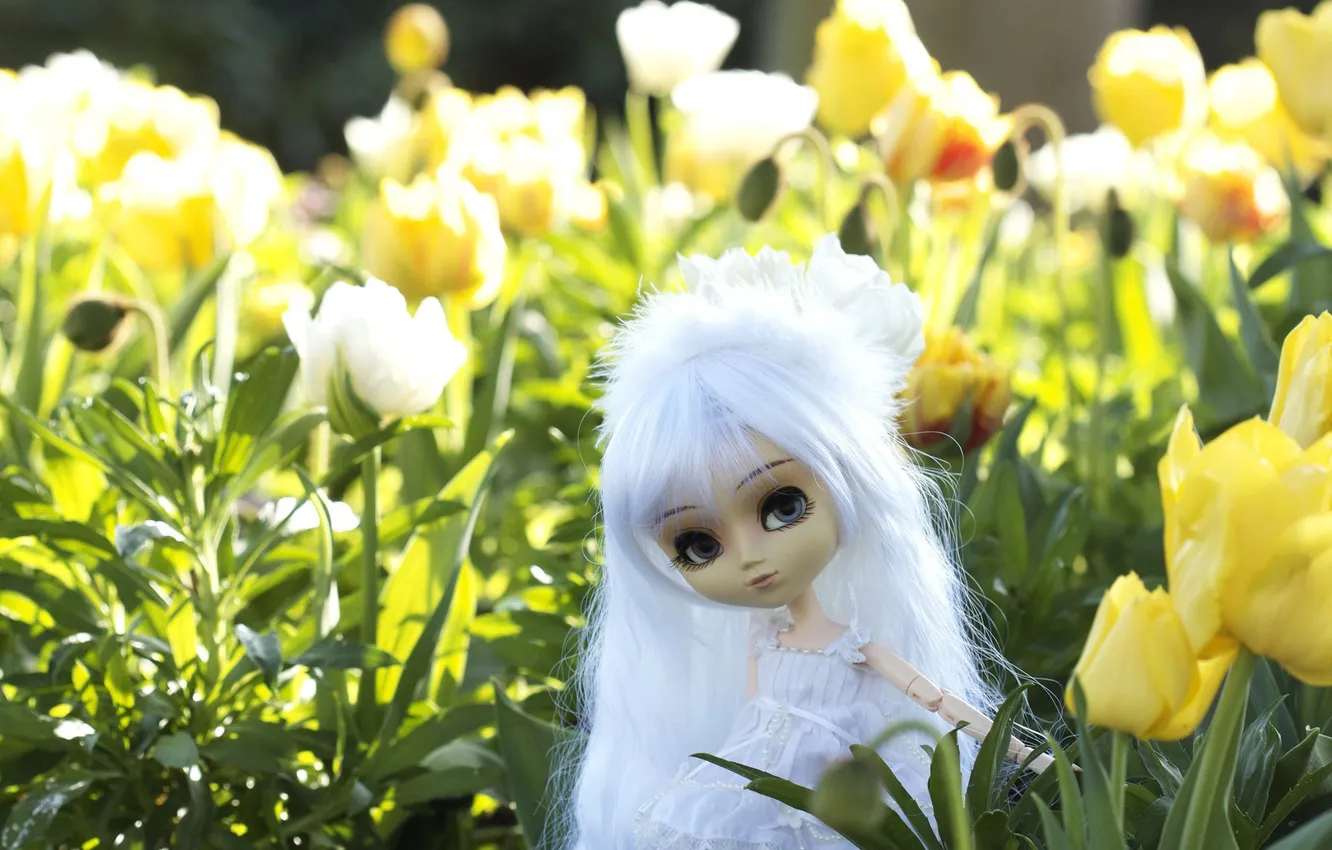 Photo wallpaper flowers, toy, doll, blonde, white dress