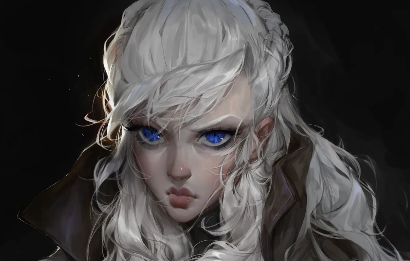 Photo wallpaper face, blue eyes, portrait of a girl, long white hair, Daria Kozhemyakina