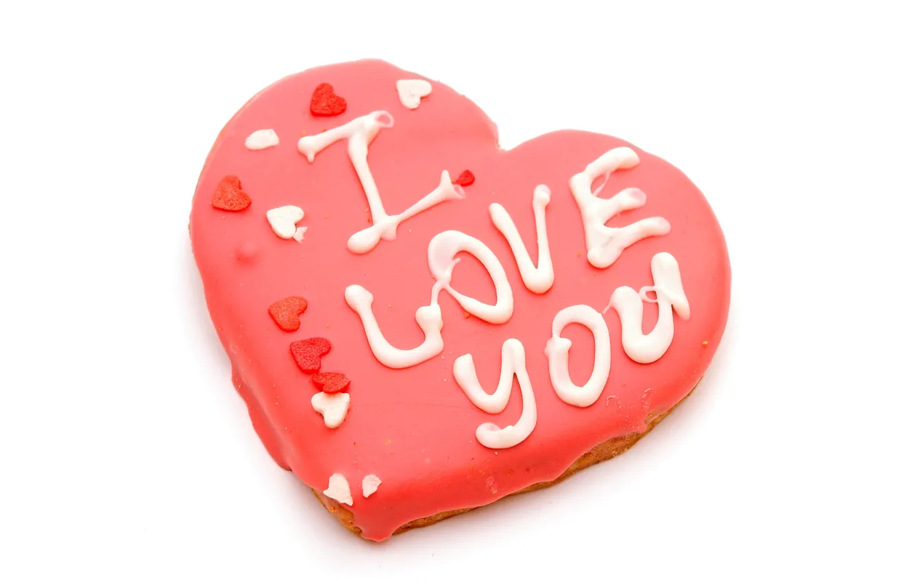 Photo wallpaper close-up, the inscription, heart, cookies, hearts, white background, Valentine's day, i love you
