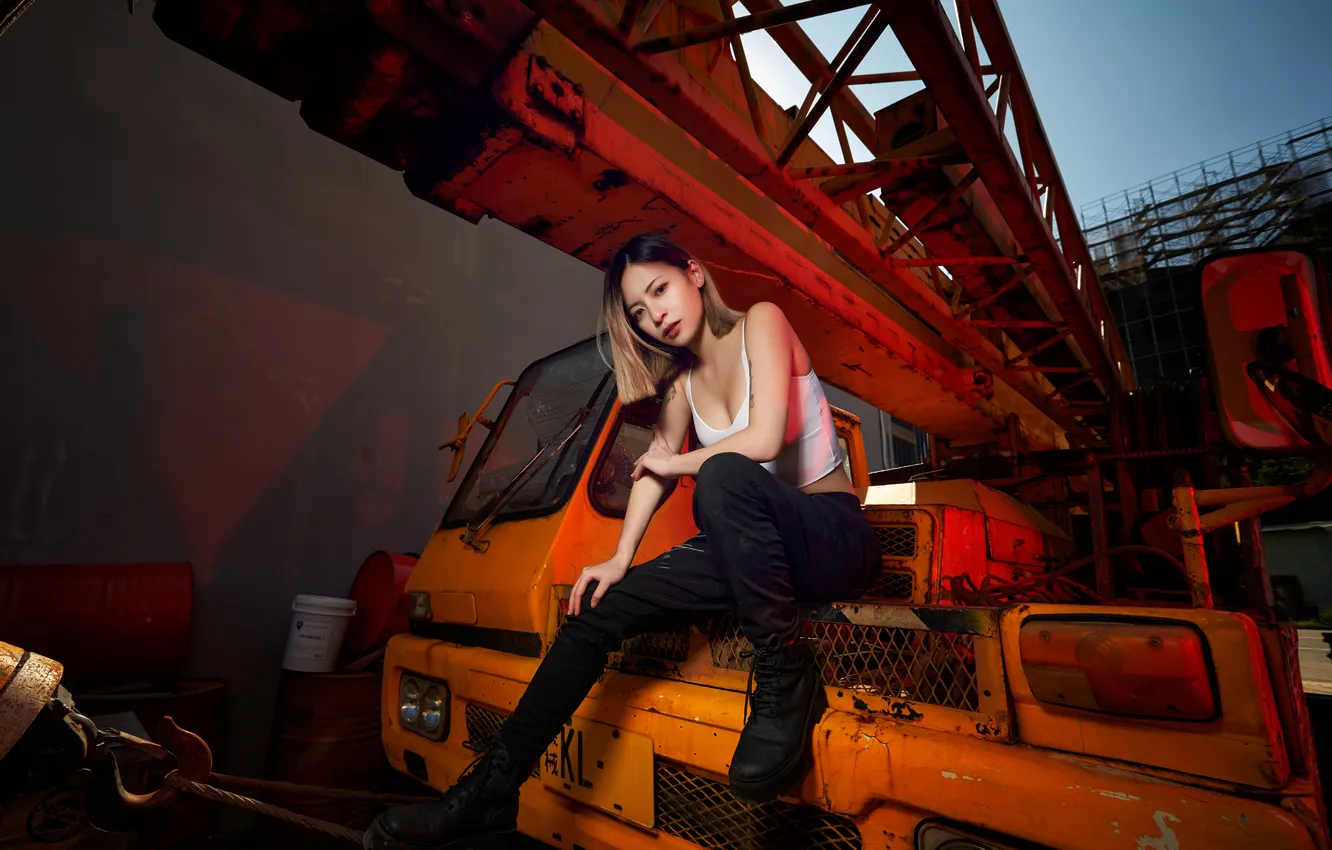 Photo wallpaper girl, pose, feet, Asian, pants, crane