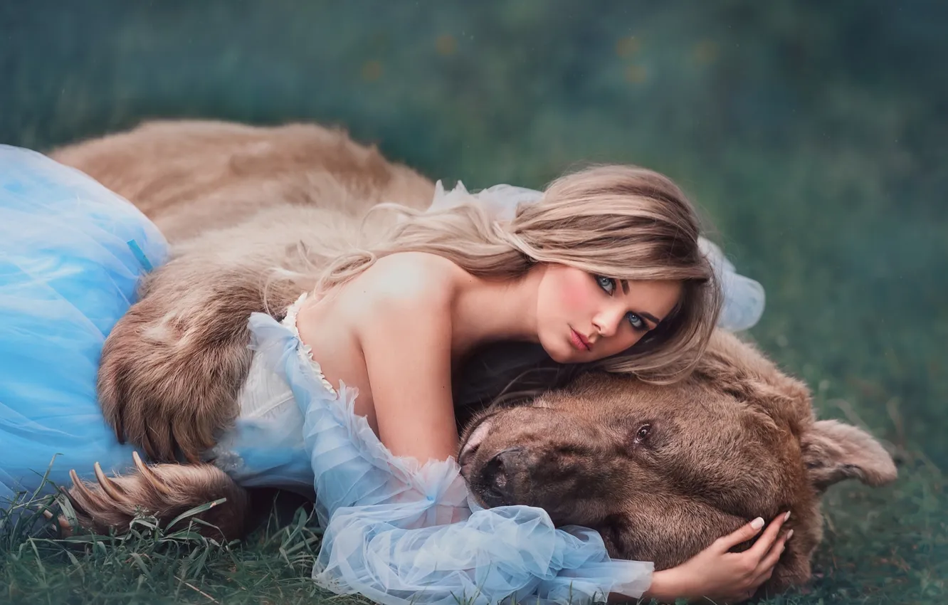 Photo wallpaper girl, nature, pose, style, glade, bear, blonde, costume
