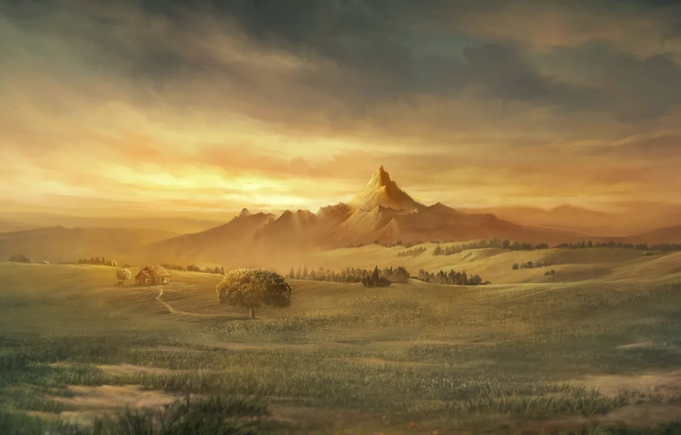 Photo wallpaper field, the sky, mountains, home