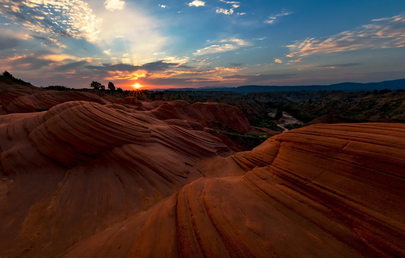 Photo wallpaper sunset, mountains, stones, rocks, canyon, relief