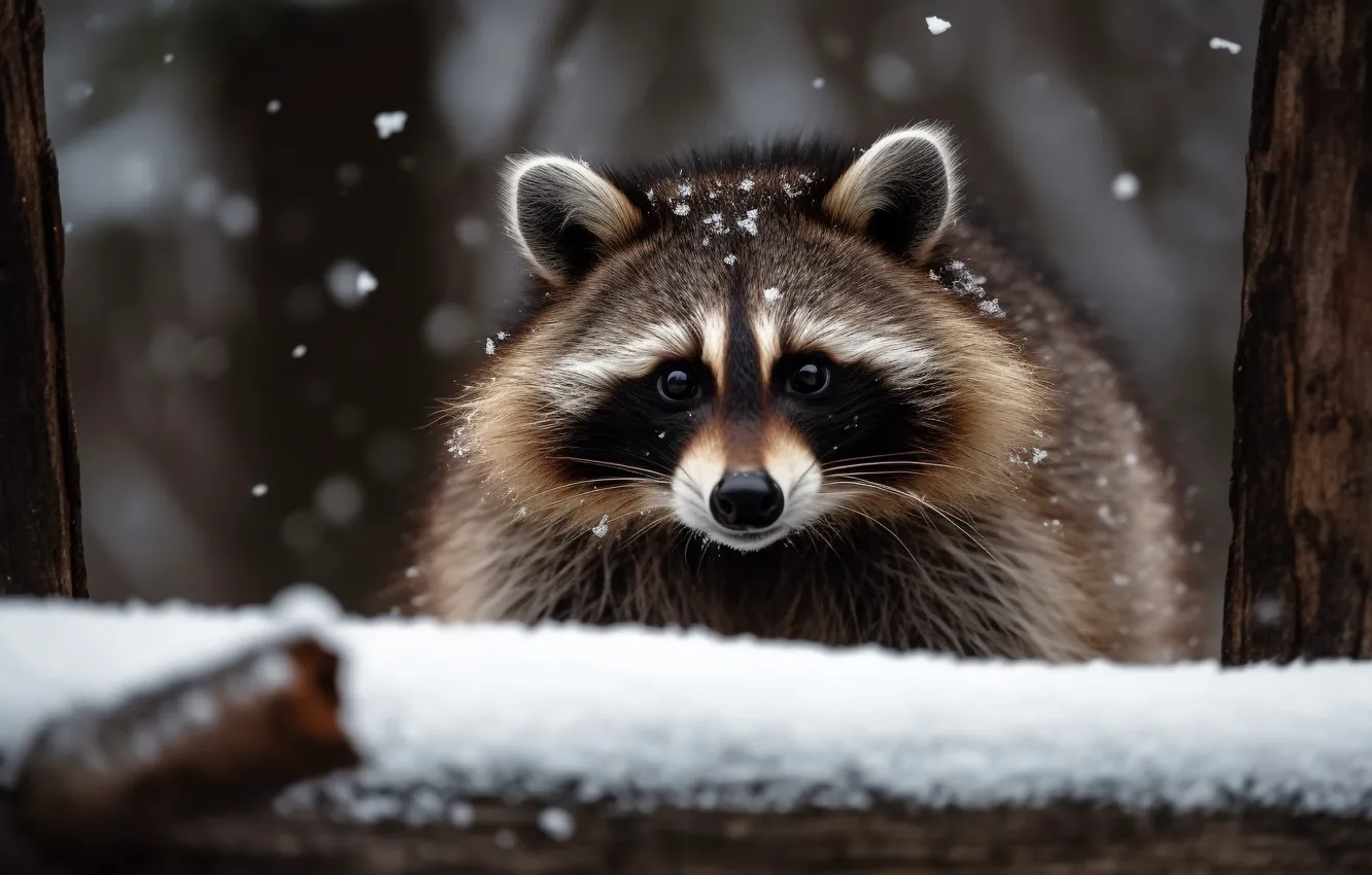 Photo wallpaper winter, snow, portrait, raccoon, log, face, snowfall, digital art