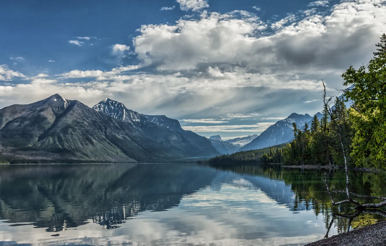 Photo wallpaper clouds, trees, mountains, lake, reflection, Montana, Glacier National Park, Rocky mountains