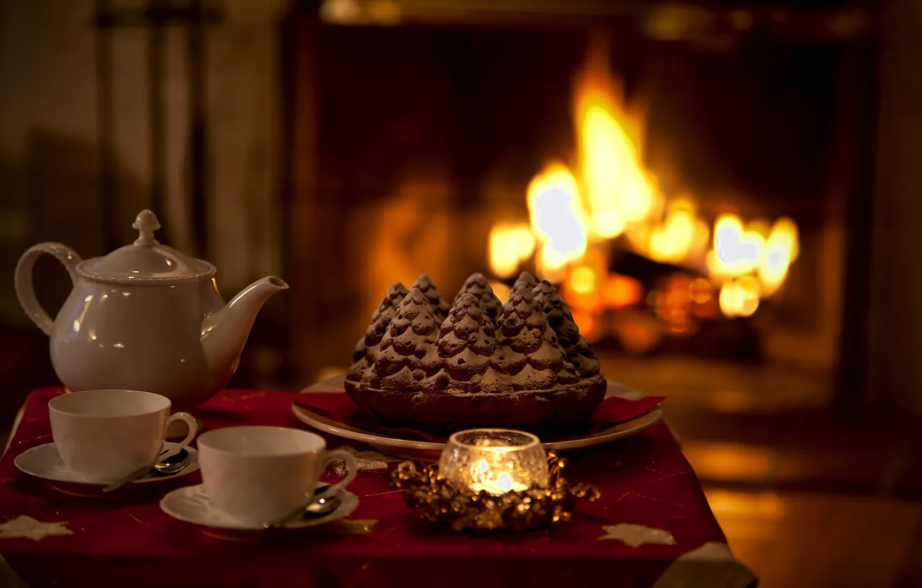 Photo wallpaper heat, mood, holiday, tea, candle, pie, fireplace