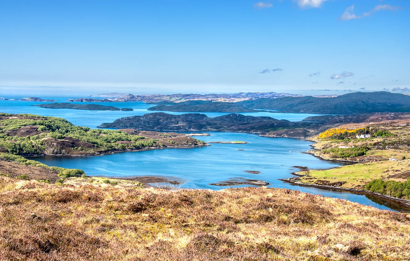 Photo wallpaper sea, the sky, grass, clouds, mountains, rocks