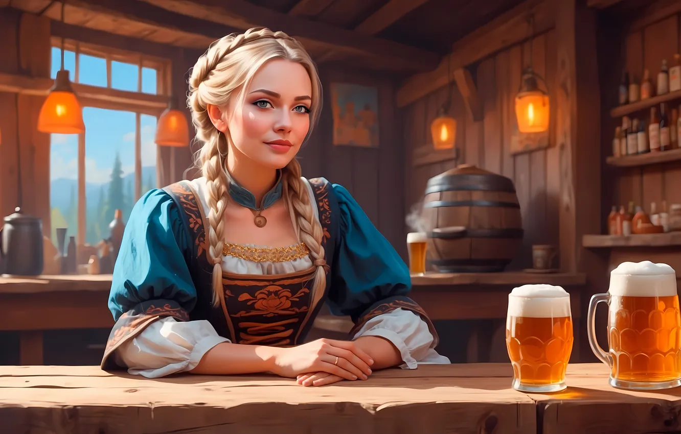 Photo wallpaper girl, table, beer, Germany, blonde, mug, Oktoberfest, digital art
