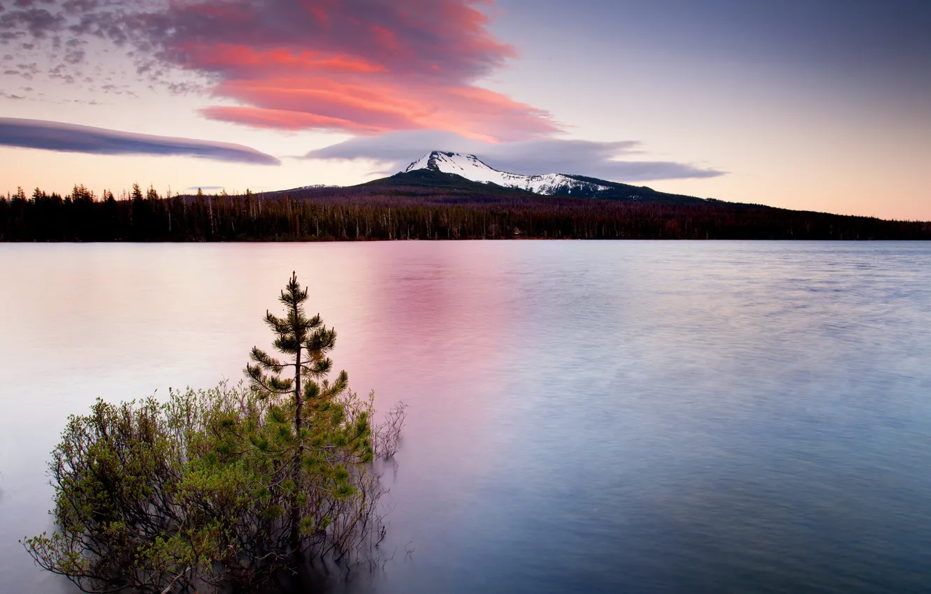 Photo wallpaper landscape, sunset, mountains, nature, lake, tree