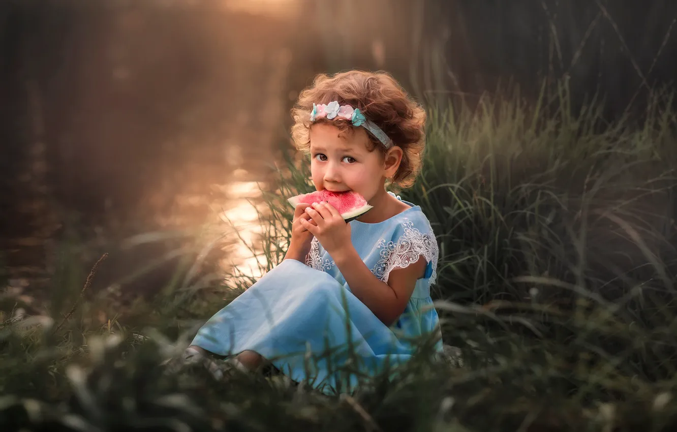 Photo wallpaper summer, grass, nature, children, watermelon, dress, girl, curls