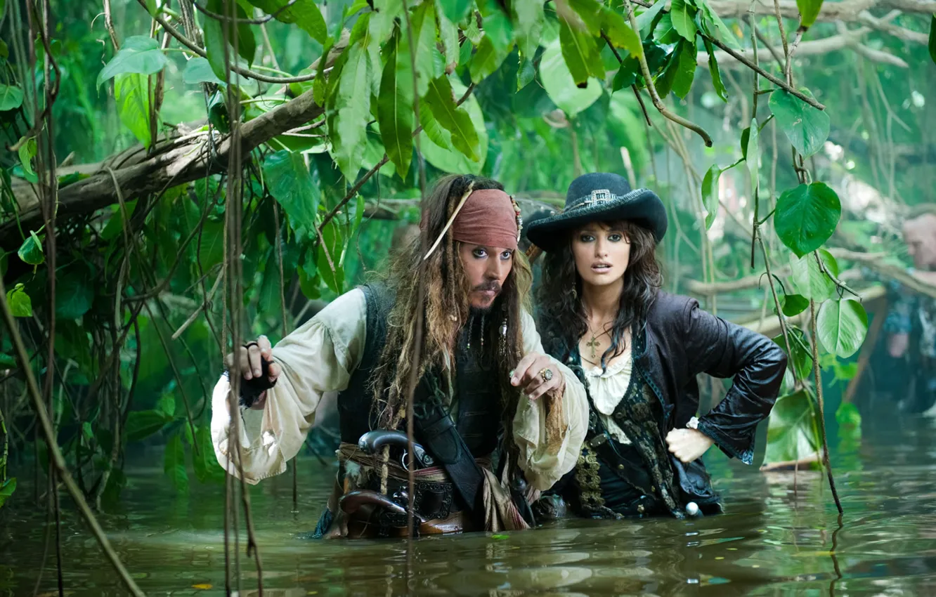 Photo wallpaper water, girl, jungle, Johnny Depp, Jack Sparrow, pistols, Pirates of the Caribbean 4