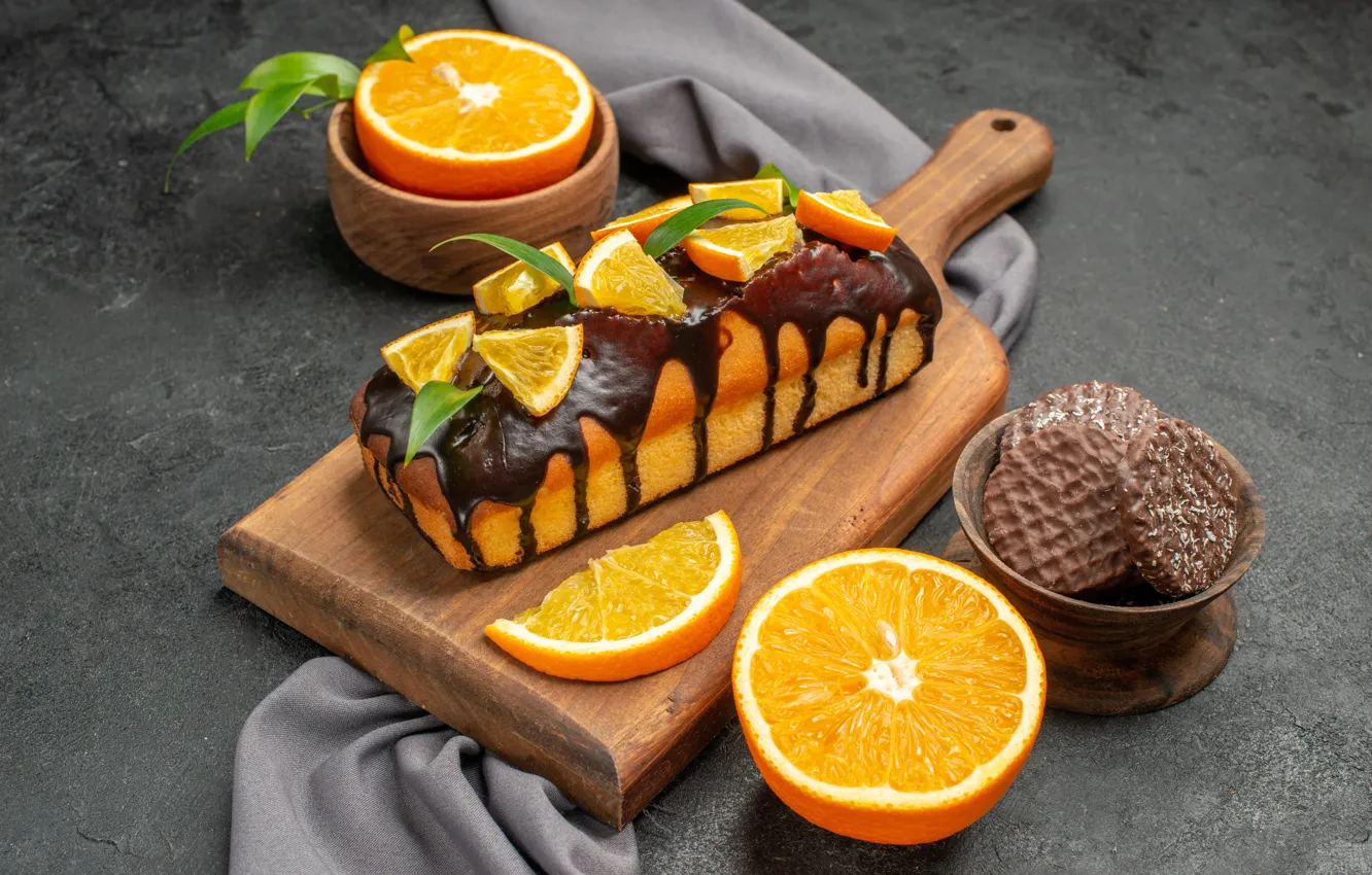 Photo wallpaper orange, chocolate, towel, cake, bowl, grey background, cream, dessert