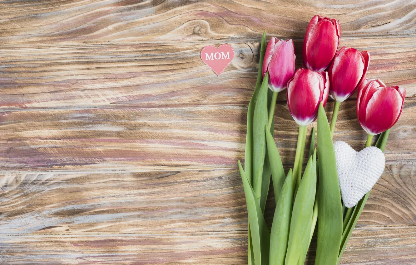 Photo wallpaper flowers, tulips, love, pink, fresh, heart, wood, pink