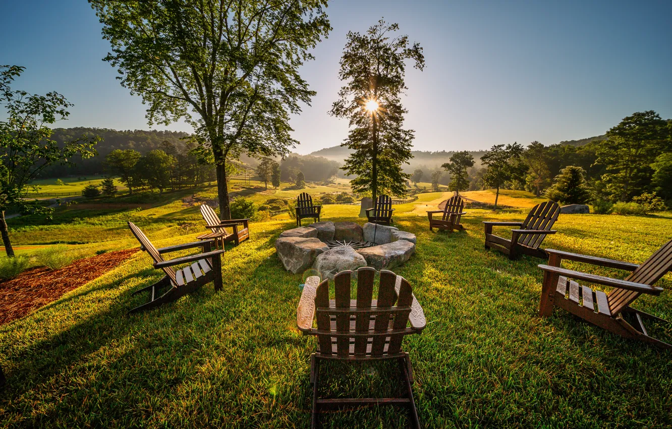 Photo wallpaper grass, nature, sunset, wood, chairs, rest, stove