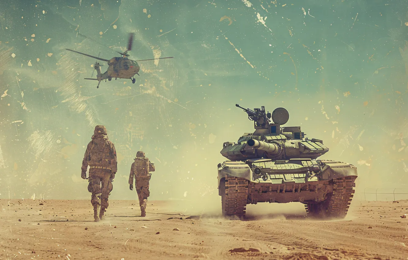 Photo wallpaper sand, retro, dust, soldiers, tank, helicopter, digital art, AI art