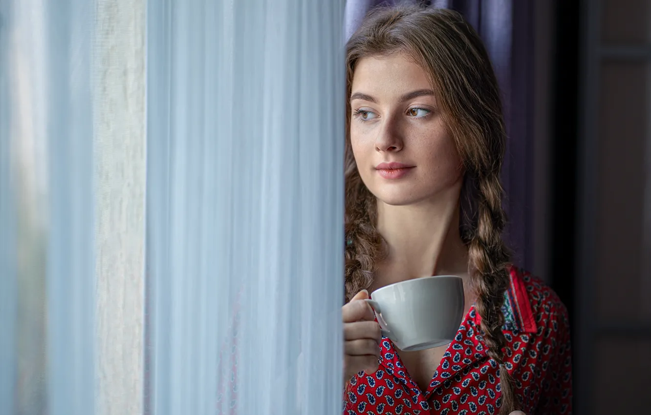 Photo wallpaper look, girl, window, Cup, curtains, saucer, braids, Rus