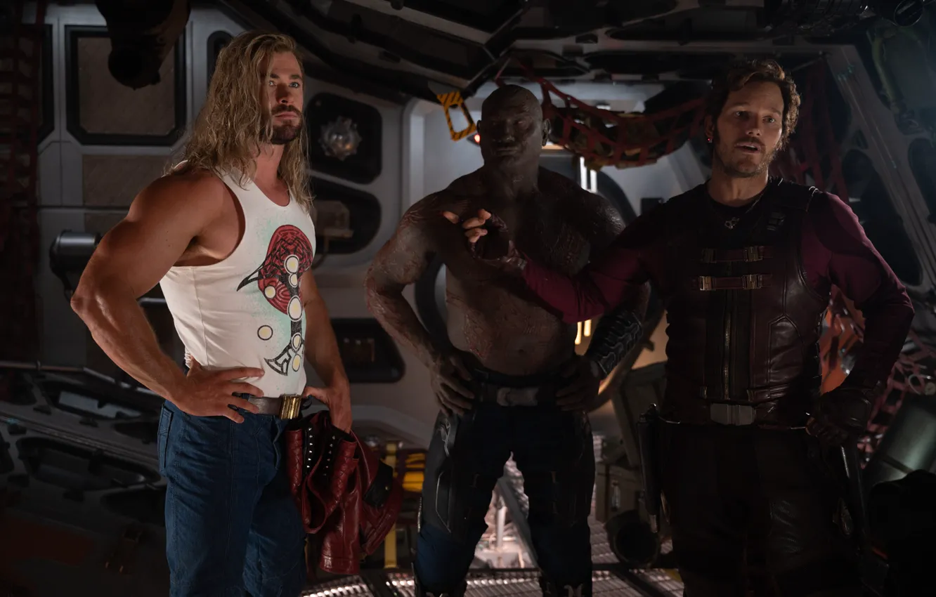Photo wallpaper Thor, Chris Hemsworth, Peter Quill, Chris Pratt, Dave Bautista, Drax, Marvel Studios, Guardians Of Galaxy