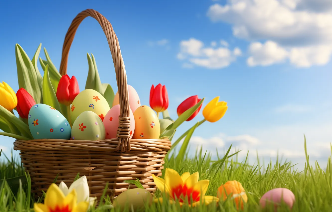 Photo wallpaper flowers, eggs, spring, colorful, Easter, flowers, tulips, spring