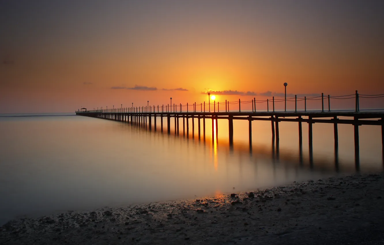Photo wallpaper sunset, pierce, pond