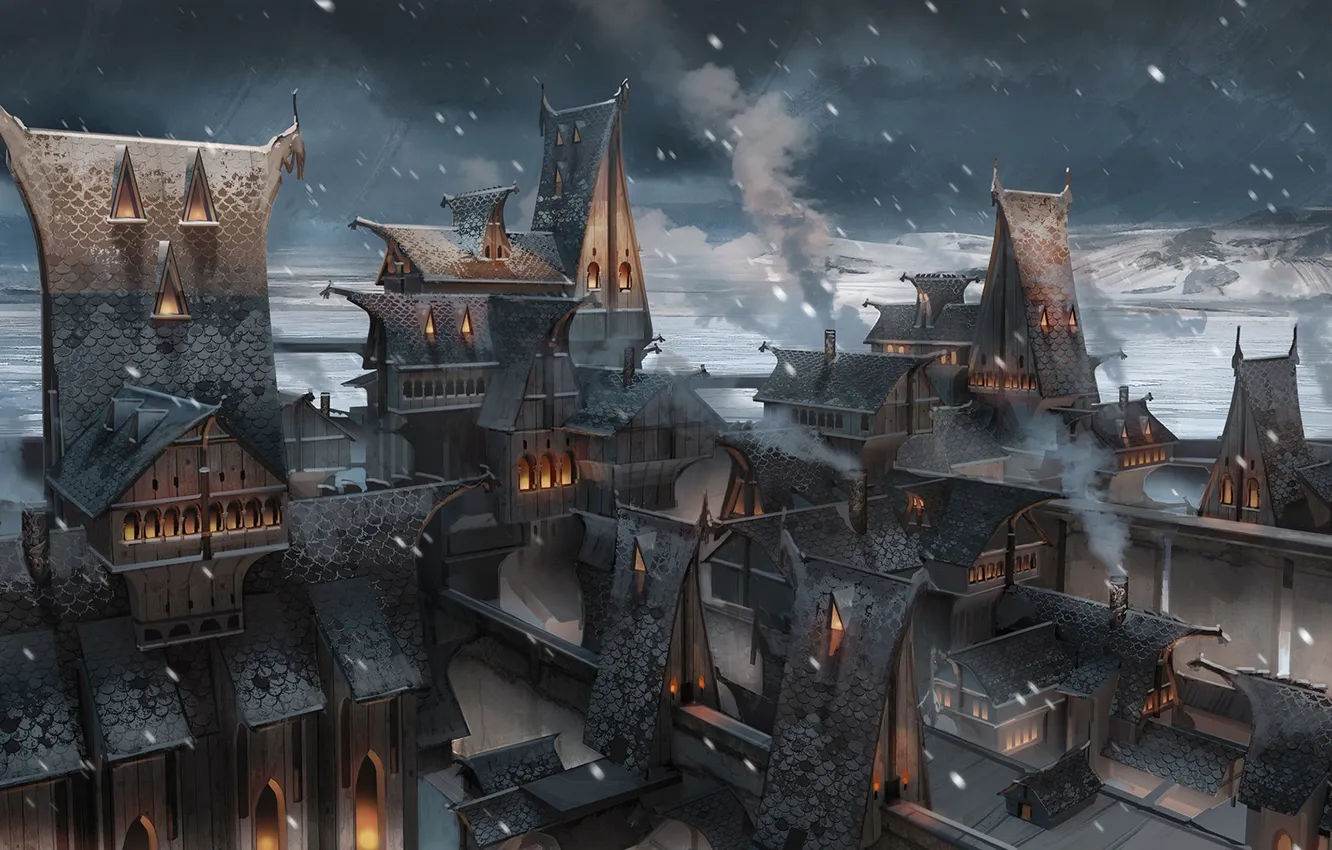 Photo wallpaper roof, snow, mountains, the city, Winter City